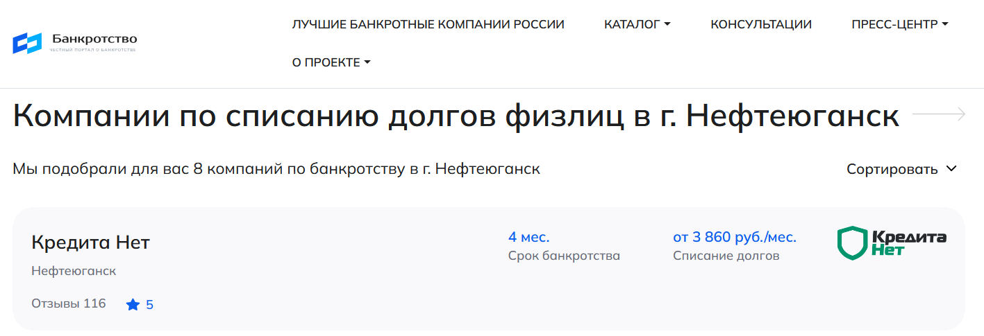 КредитаНет – первые в рейтинге компаний по банкротству в Нефтеюганске на сайте Банкротство Инфо